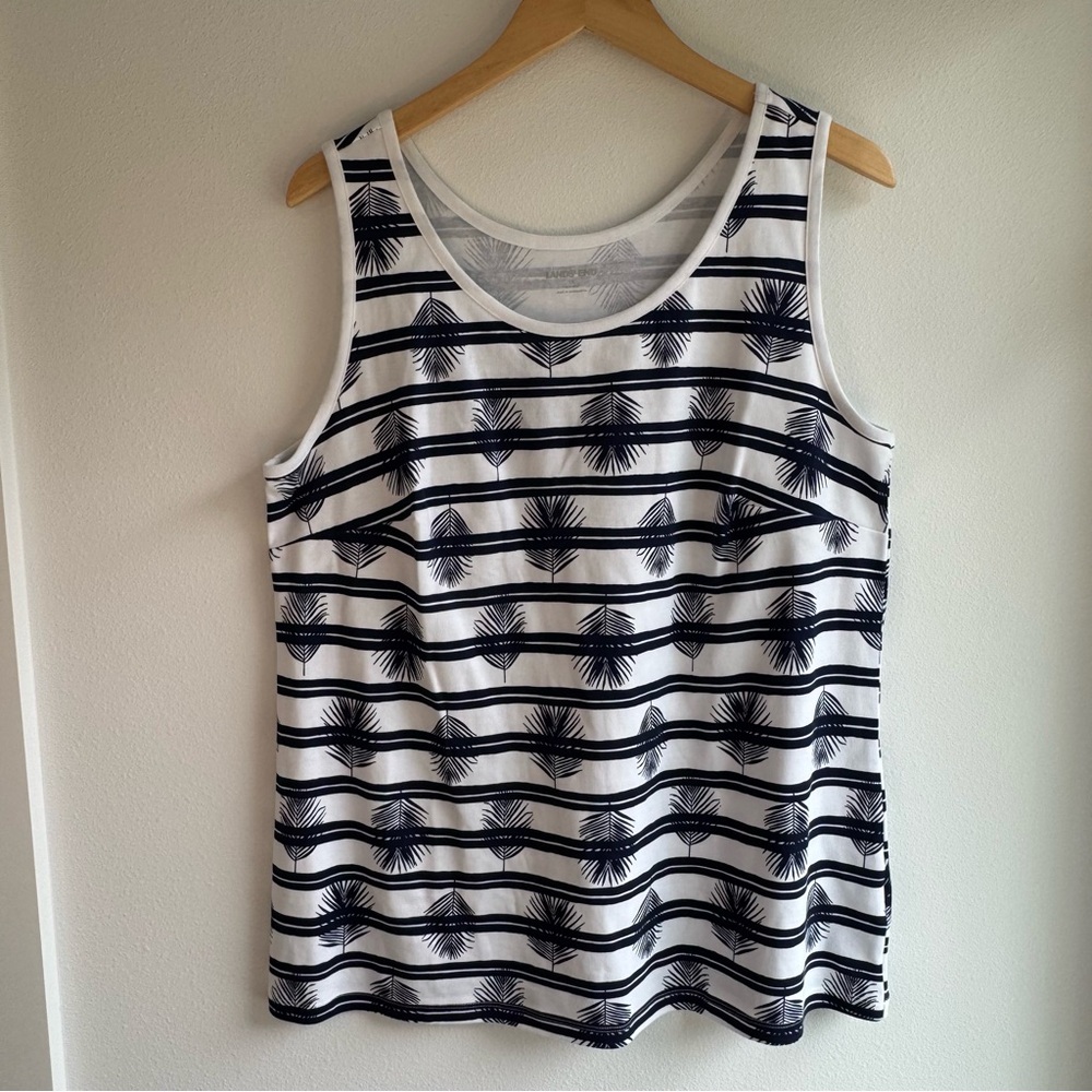 Lands’  End  Women’s  1X  Black  White  Palm  Striped  Tank  Top  Tropical  Mini